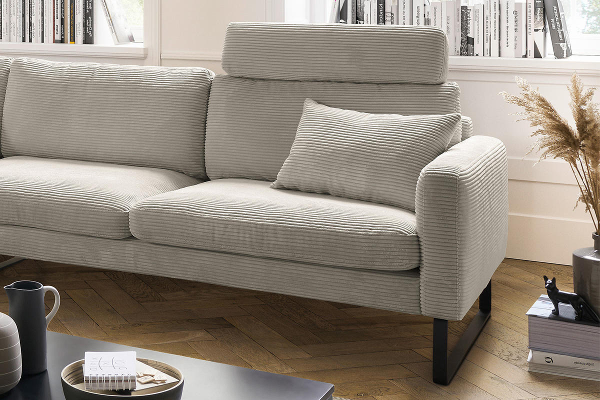 ECKSOFA RICARDA Granit Cord - Greige/Schwarz, Textil/Metall (298/154cm) - KAWOLA
