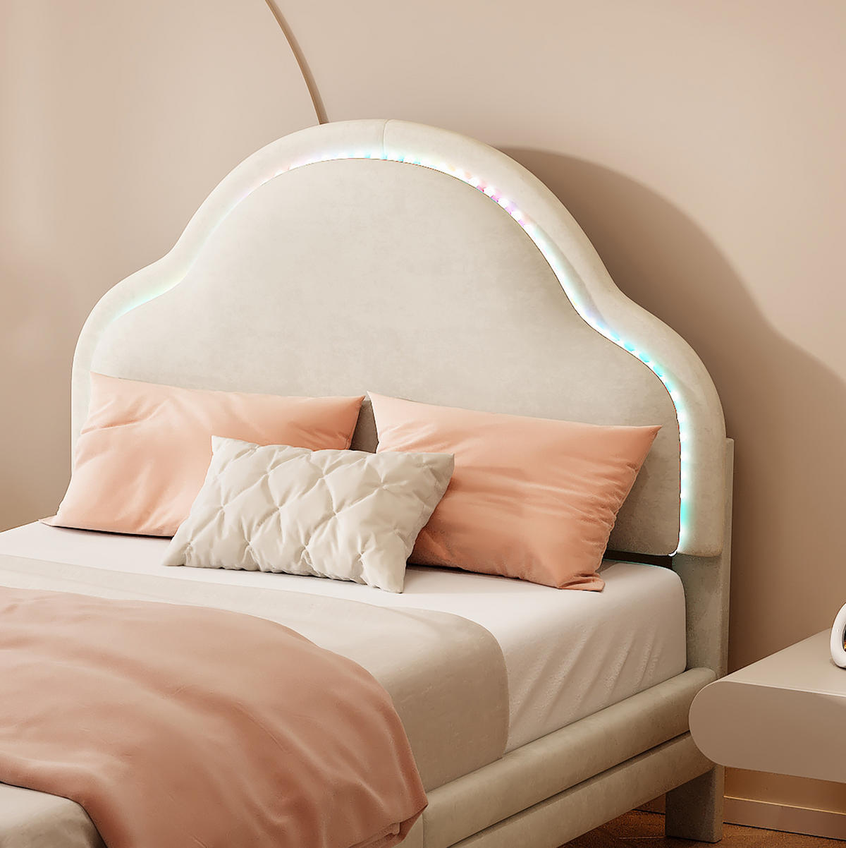 POLSTERBETT 90/200 cm aus Samt in Beige mit LED-Beleuchtung und Wolken-Kopfteil - Beige, Textil (90/200cm) - Flora Grace