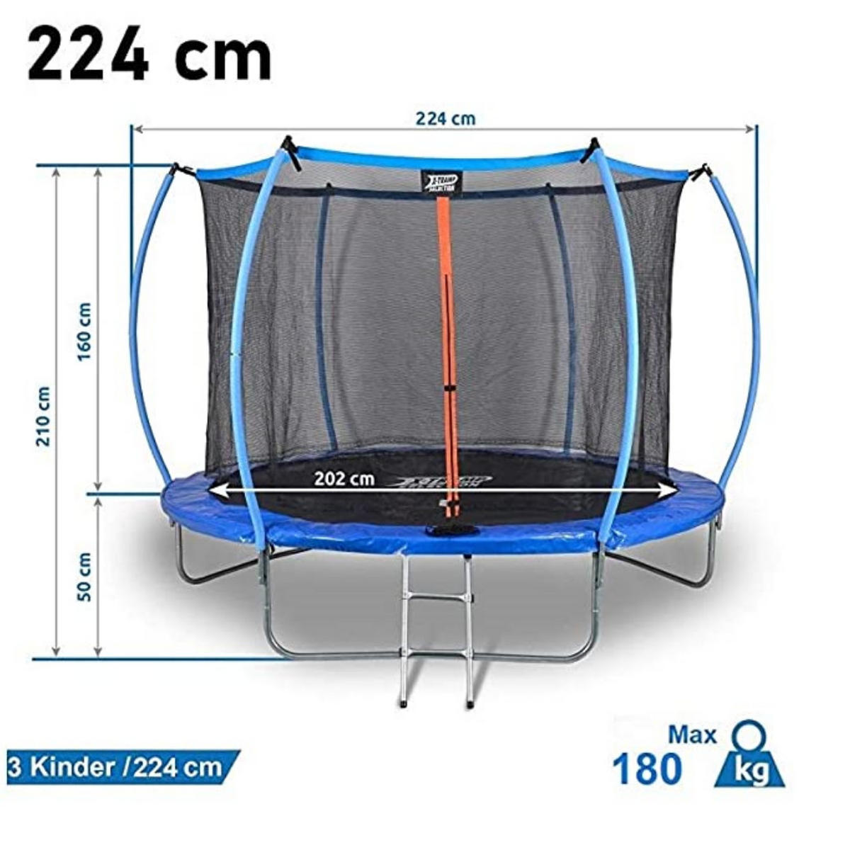TRAMPOLIN Outdoor Blau Ø 224 cm, Sicherheitsnetz, Gartentrampolin, Kindertrampolin, Komplettset, Freizeitspaß, Sprungmatte, Stahlrahmen, wetterfest - Blau/Schwarz, Metall (224/165/224cm) - Dunlop