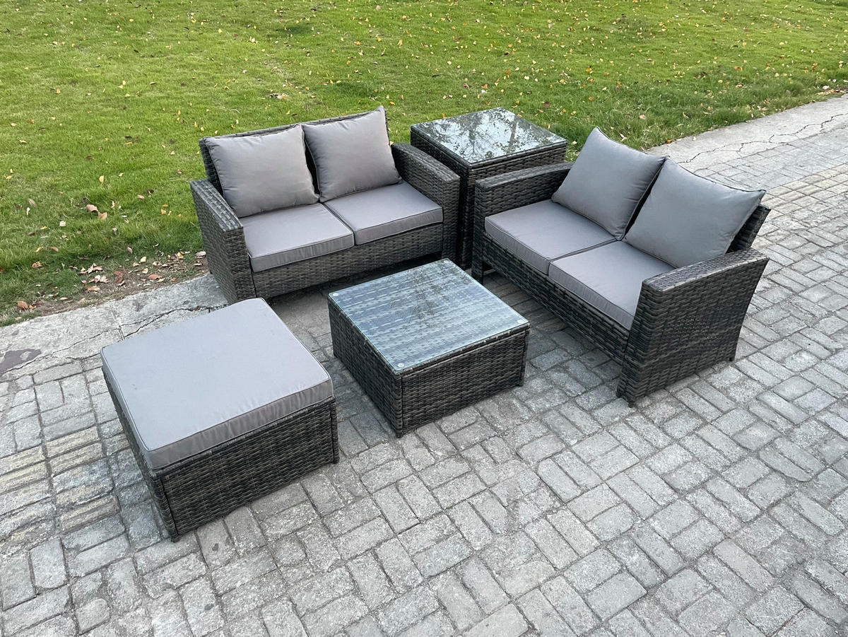 GARTENMÖBEL-SET enthält 2 DOPPELSITZ-SOFA, COUCHTISCH, HOCKER and BEISTELLTISCH Polyrattan Dunkelgrau Gemischt 7-Sitzer - Dunkelgrau, Metall - Fimous