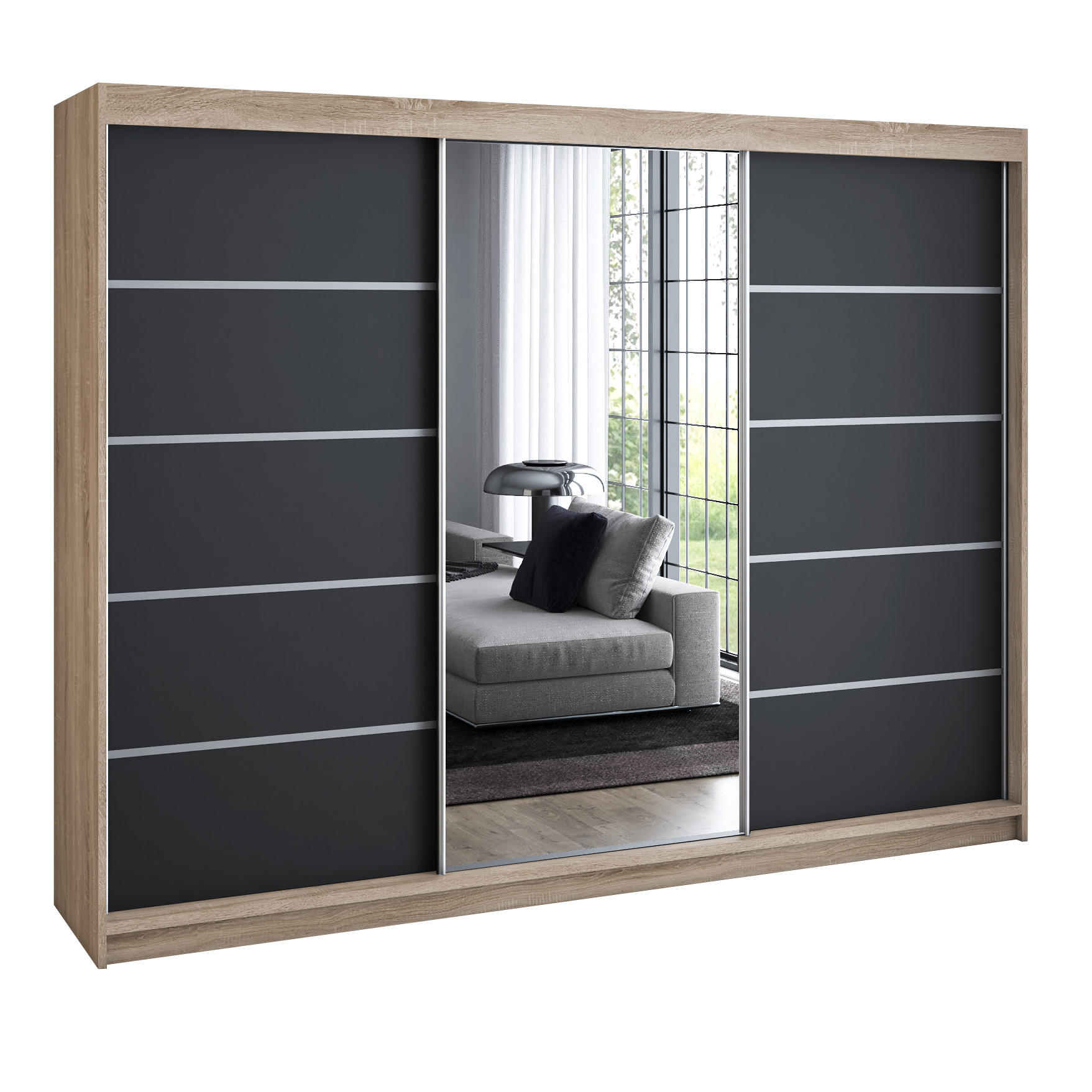 A&J MöbelLand Schwebetürenschrank Sonoma Eiche, Schwarz 200x215x59.5 cm