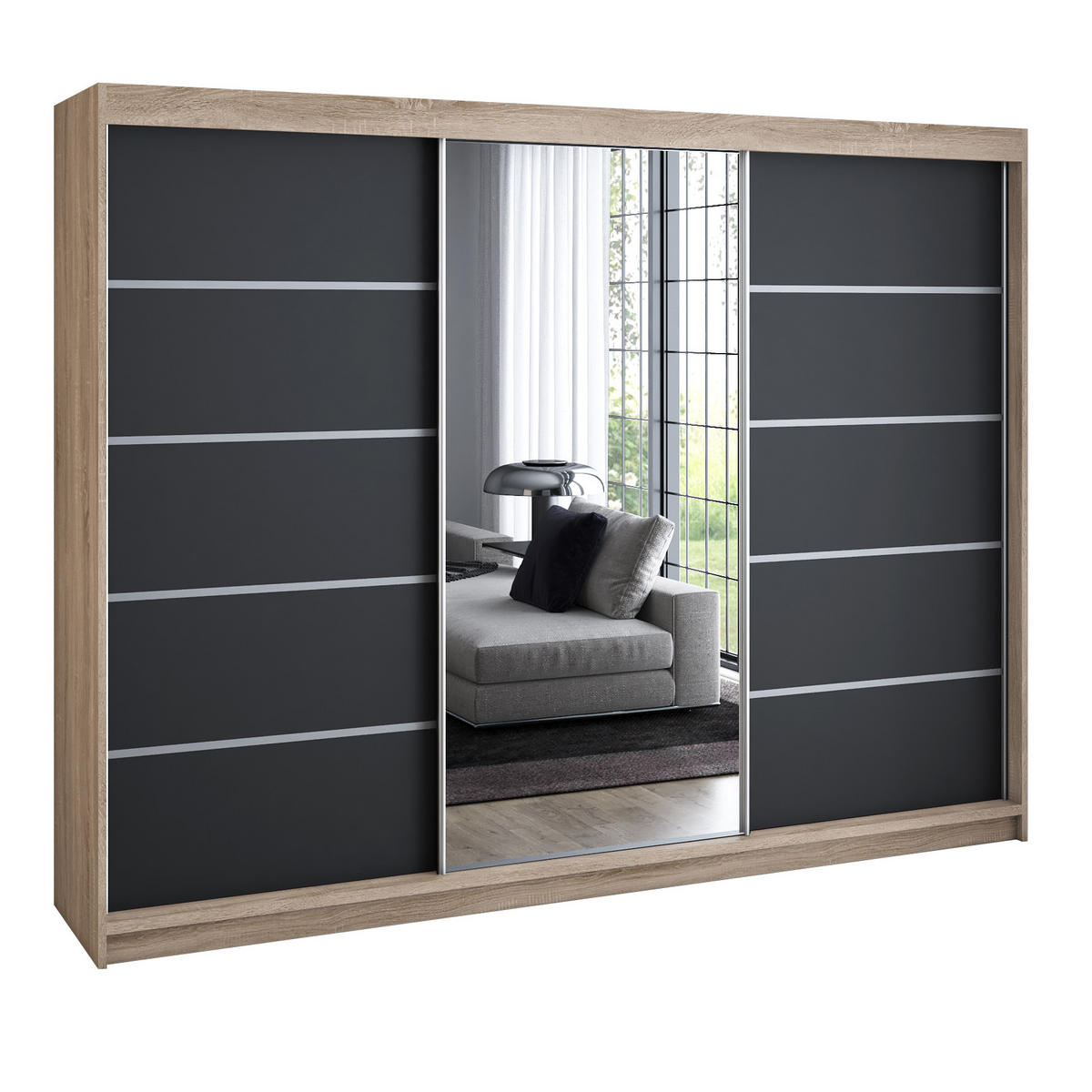 SCHWEBETÜRENSCHRANK 200 cm VILANO 1 Farbe: Sonoma,Schwarz - Schwarz/Sonoma Eiche, Holzwerkstoff (200/215/59.5cm) - A&J MöbelLand