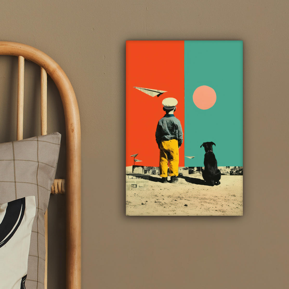 LEINWANDBILD Retro - Junge - Hund - Rot - Grün Deko Wohnzimmer 20x30 cm - Orange, Textil (20/30cm) - MuchoWow