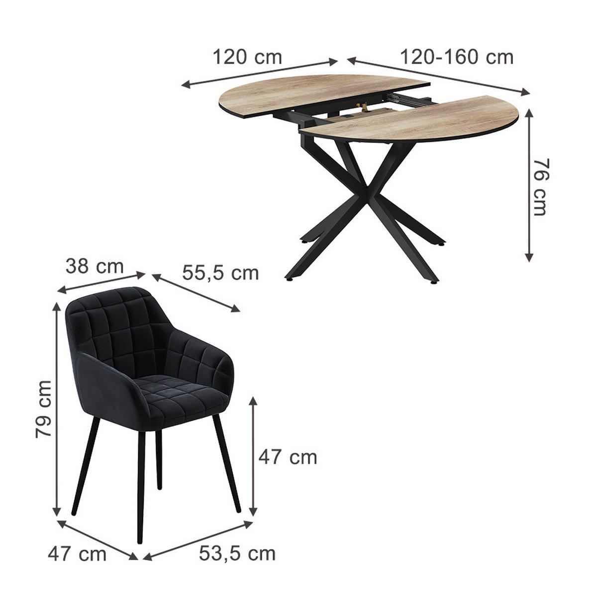 SÚPRAVA JEDÁLENSKÉHO STOLA Loyd, Rustikálny dub/čierna, 120 x 120 cm so 4 jedálenskými stoličkami (čierne) - divoký dub/čierna, kompozitné drevo (120/76.5/120cm) - Vicco