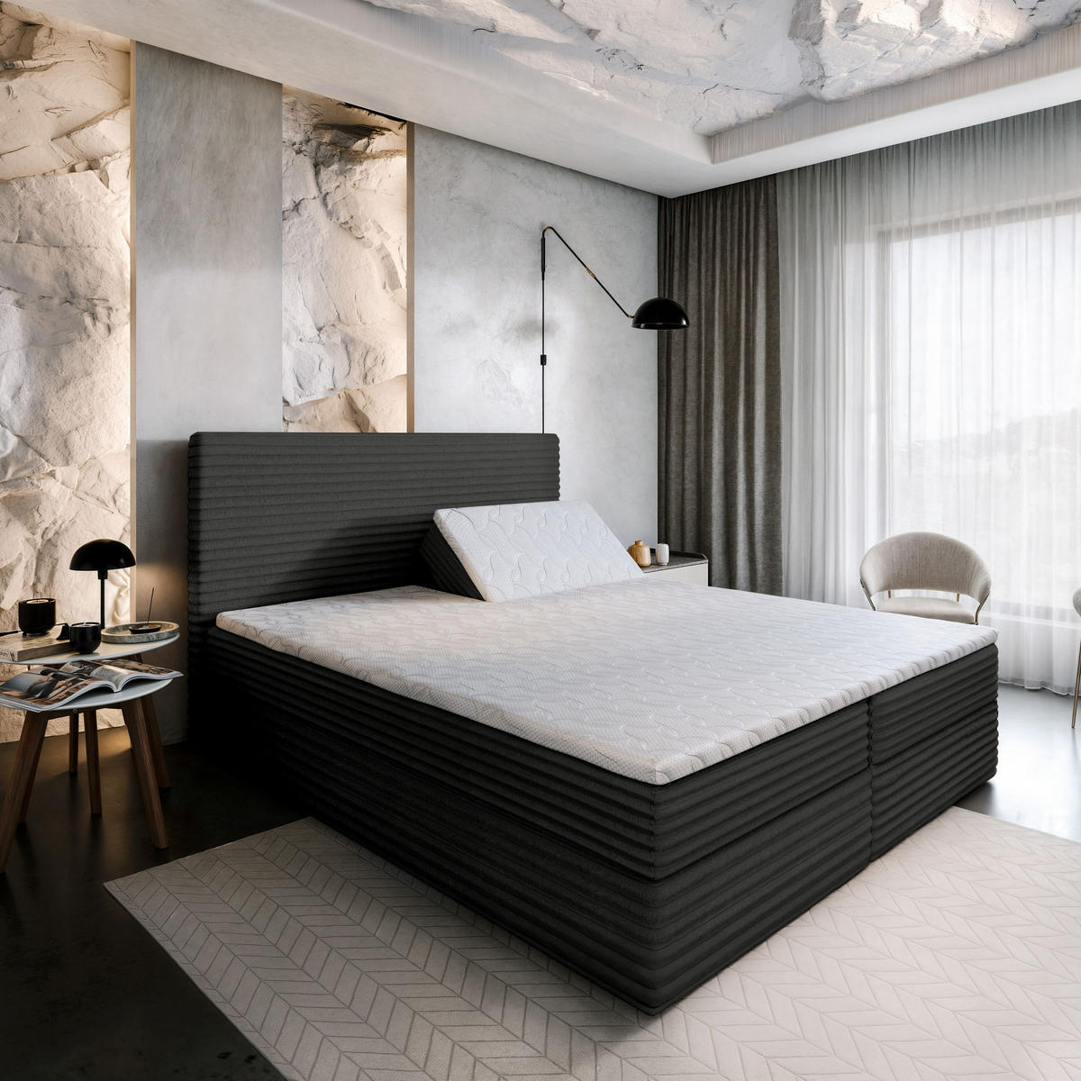 BOXBETT MILARA 160x200 cm mit Matratze und Topper - Schwarz - Schwarz, Holz (160/200cm) - MASSENO