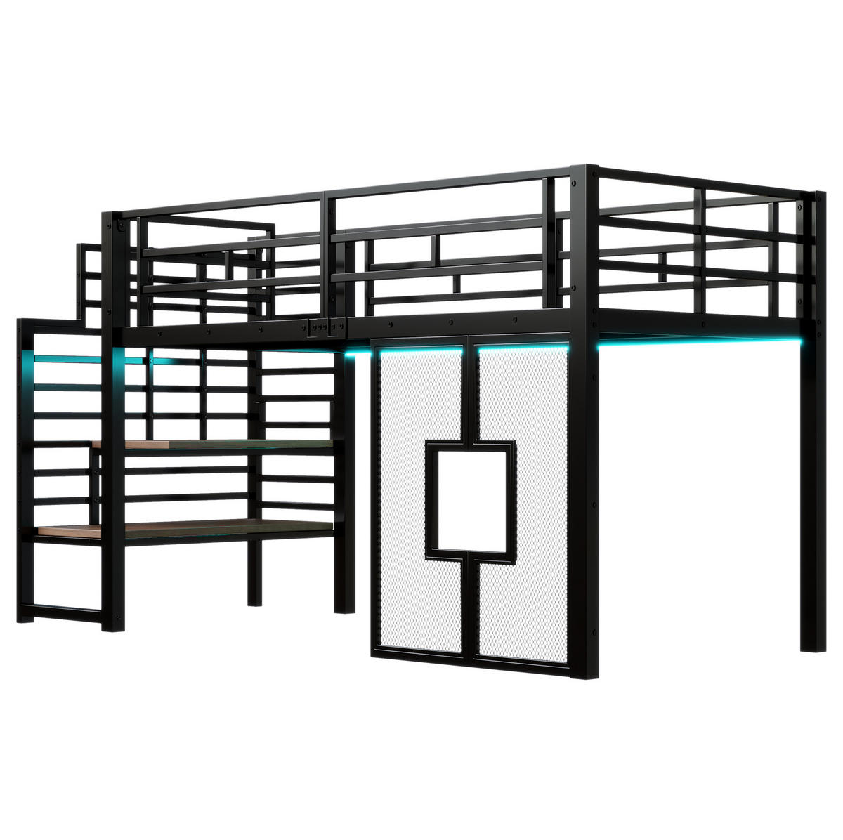 HOCHBETT 90/200 cm mit Stauraumtreppe, LED-Beleuchtung und Fenstern aus Metall, Schwarz - Schwarz, Metall (90/200cm) - Redom