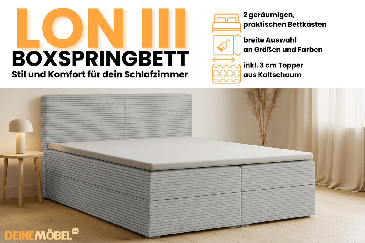 BOXBETT LON III 160/200 in Cord Hellgrau H3 - Hellgrau, Holz/Holzwerkstoff (160/200cm) - Deine Möbel 24