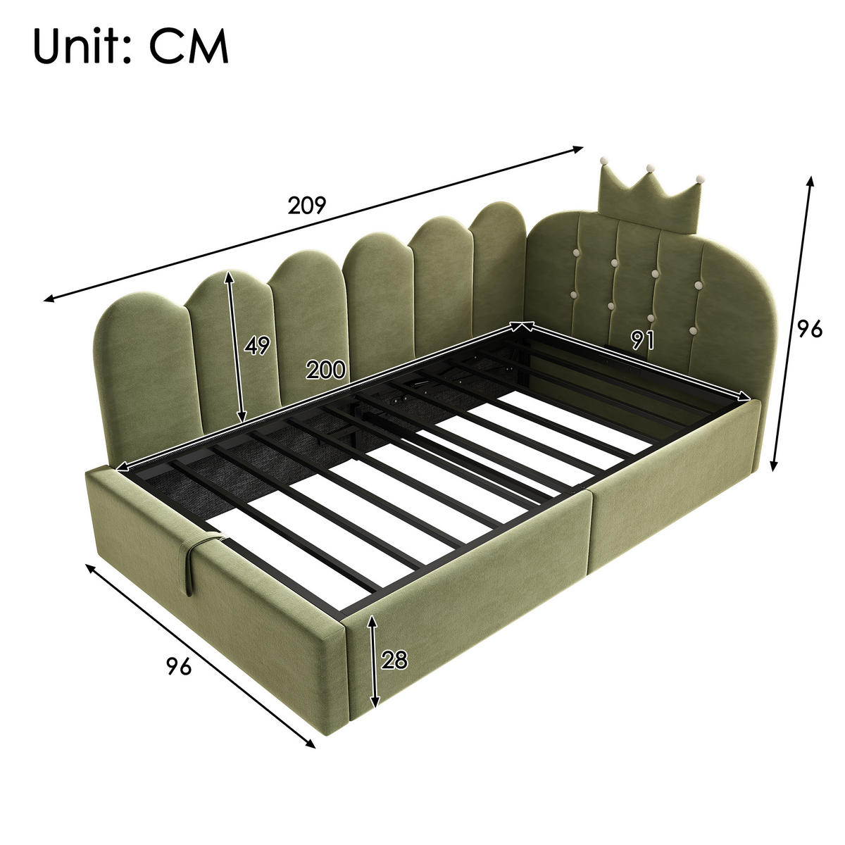 KINDERBETT 90/200 cm DE-00316, in Grün, hydraulischem Stauraum - Grün, Metall (90/200cm) - ComfortXL