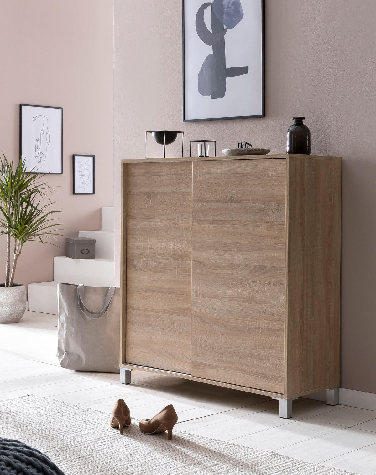 SCHUHSCHRANK Holz für 20 Paar Schuhe mit Schiebetüren, Beige 100x38x108 cm - Beige/Silberfarben, Holz/Kunststoff (100/108/38cm) - KADIMA DESIGN