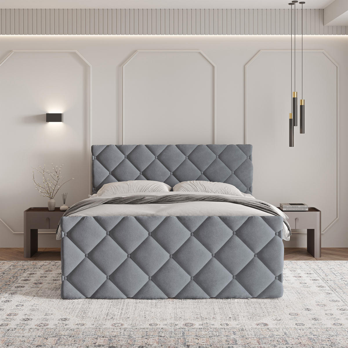 BOXBETT ROVARI 180x200 cm mit Matratze und Topper - Grau - Grau, Holz (180/200cm) - MASSENO