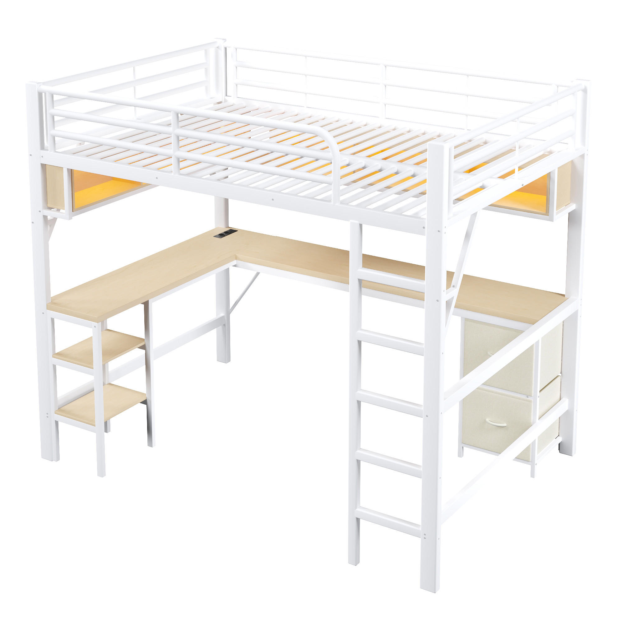 HOCHBETT 140/200 cm DE-03424, mit Bücherregal, Schreibtisch, Schrank und LED, in Weiß - Weiß, Holzwerkstoff/Metall (140/200cm) - ComfortXL