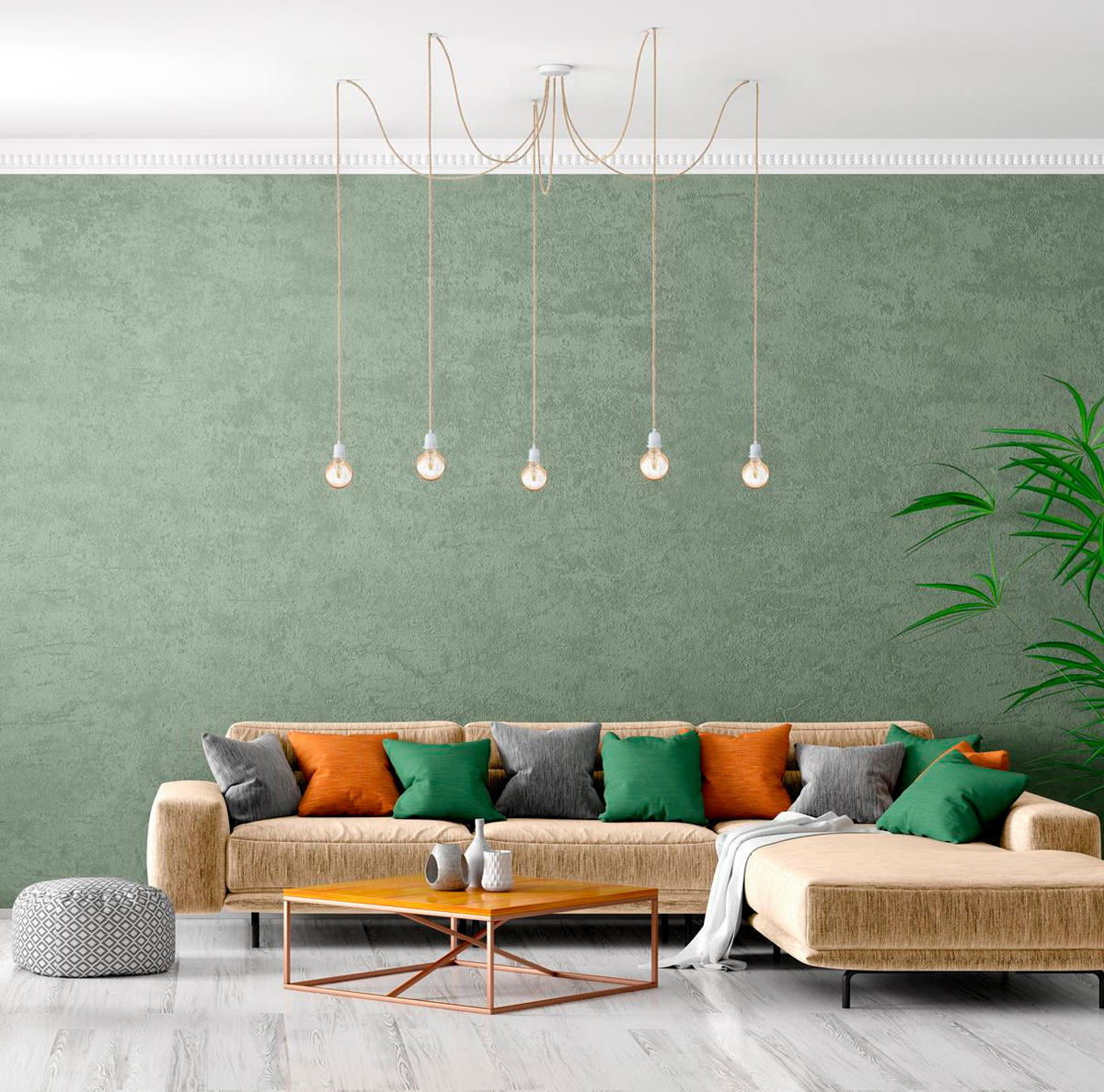 PENDELLEUCHTE Hang 5 Flammig Retro - Naturfarben/Weiß, Naturmaterialien (350/1/350cm) - HOOPZI