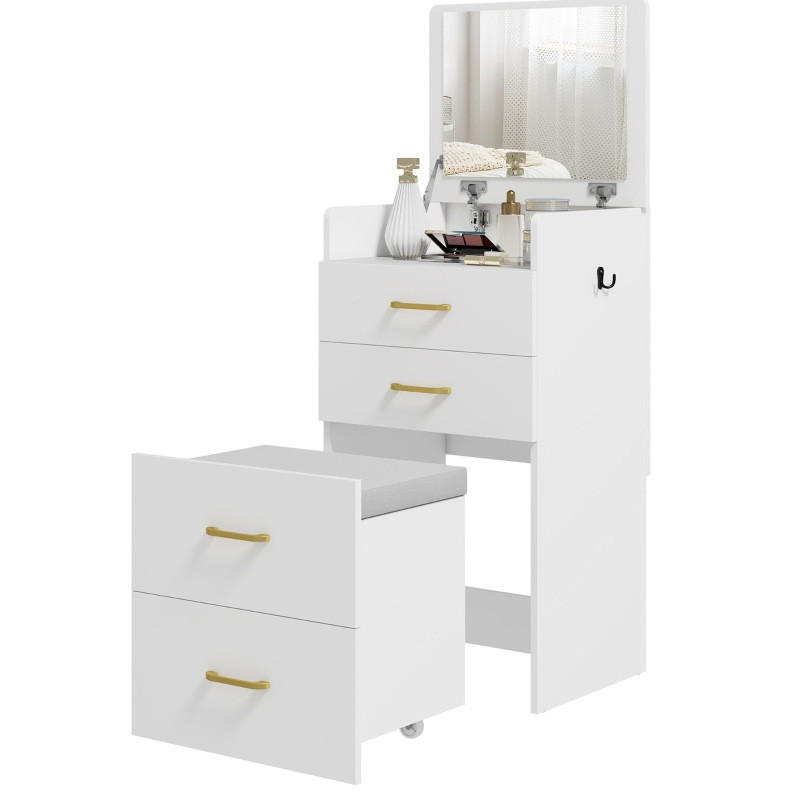SCHMINKTISCH 48/40/90 cm 3-in-1 Weiß mit Spiegel und Rollhocker mit Stauraum - Weiß, Holzwerkstoff (40/90/48cm) - OKWISH