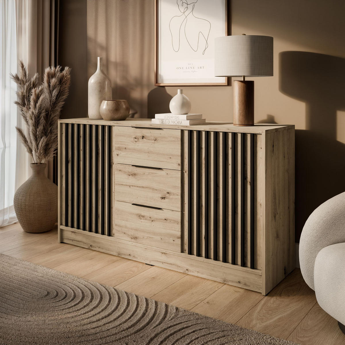 KOMMODE NELA, zweitürig mit Lamellen, Artisan/Schwarz - Eiche Artisan, Holzwerkstoff (155/86/45cm) - Lookway