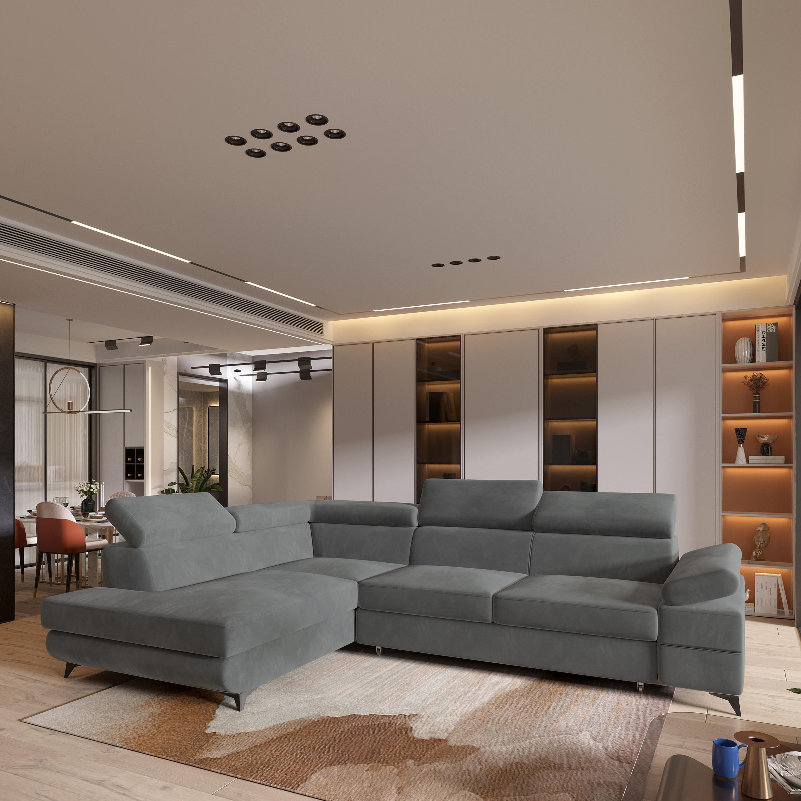 ECKSOFA FAVIEN L-S Grau Velours-Stoff mit Schlaffunktion - Grau, Holz (257/190cm) - MASSENO