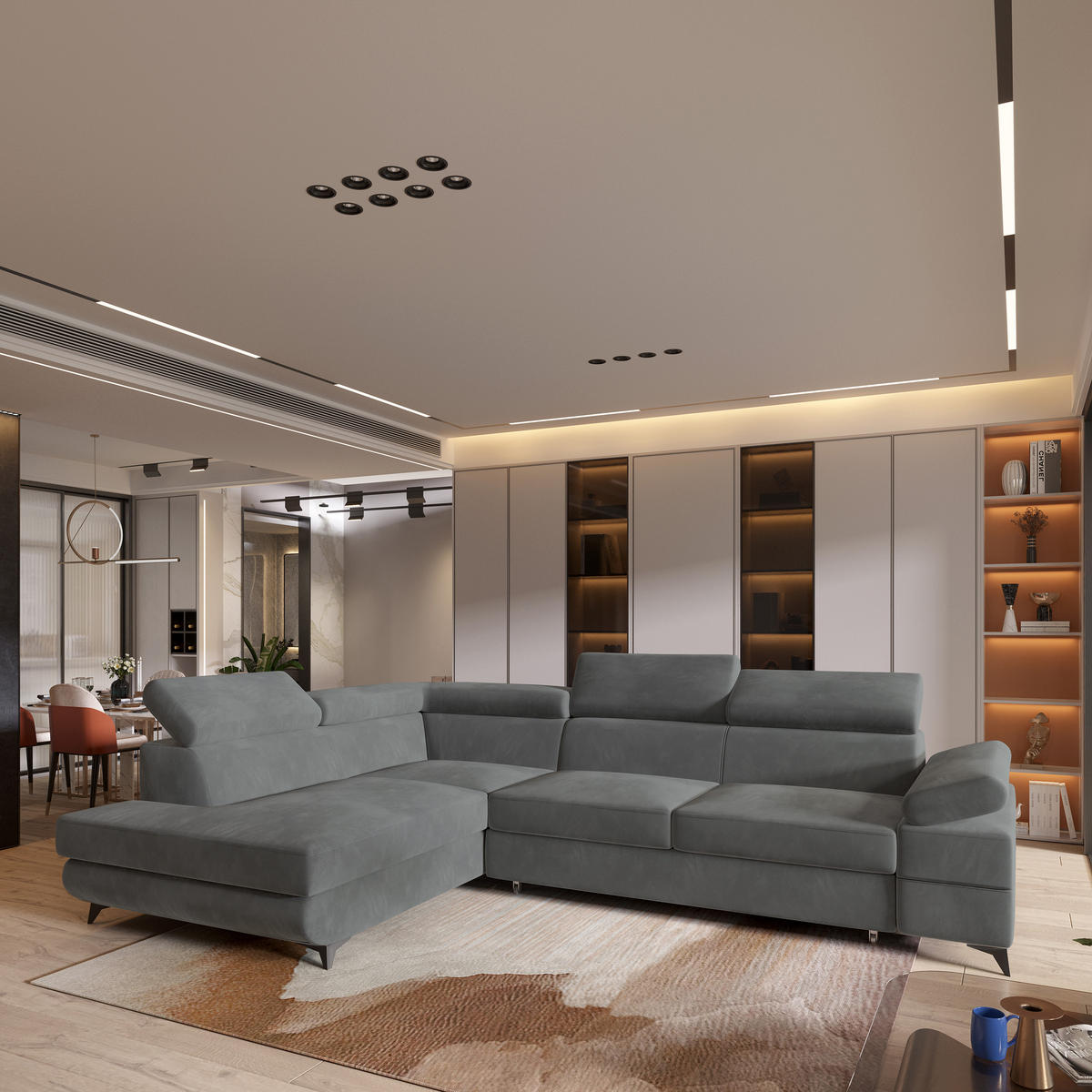 ECKSOFA FAVIEN L-S Grau Velours-Stoff mit Schlaffunktion - Grau, Holz (257/190cm) - MASSENO