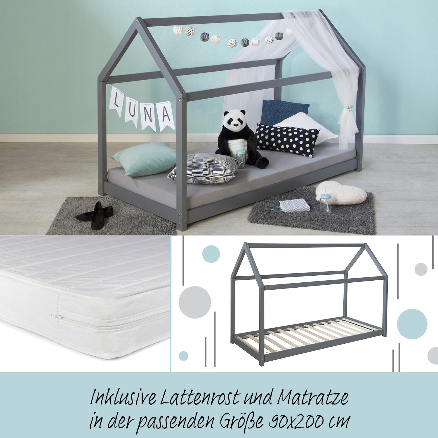 HAUSBETT mit Matratze 90/200 cm Grau - Grau, Holz (206/141/96cm) - Homestyle4u