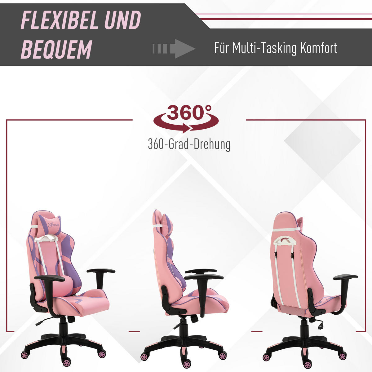 GAMING Stuhl, Bürostuhl, Rosa&Violett - Rosa, Leder (56/125.5/69cm) - Vinsetto