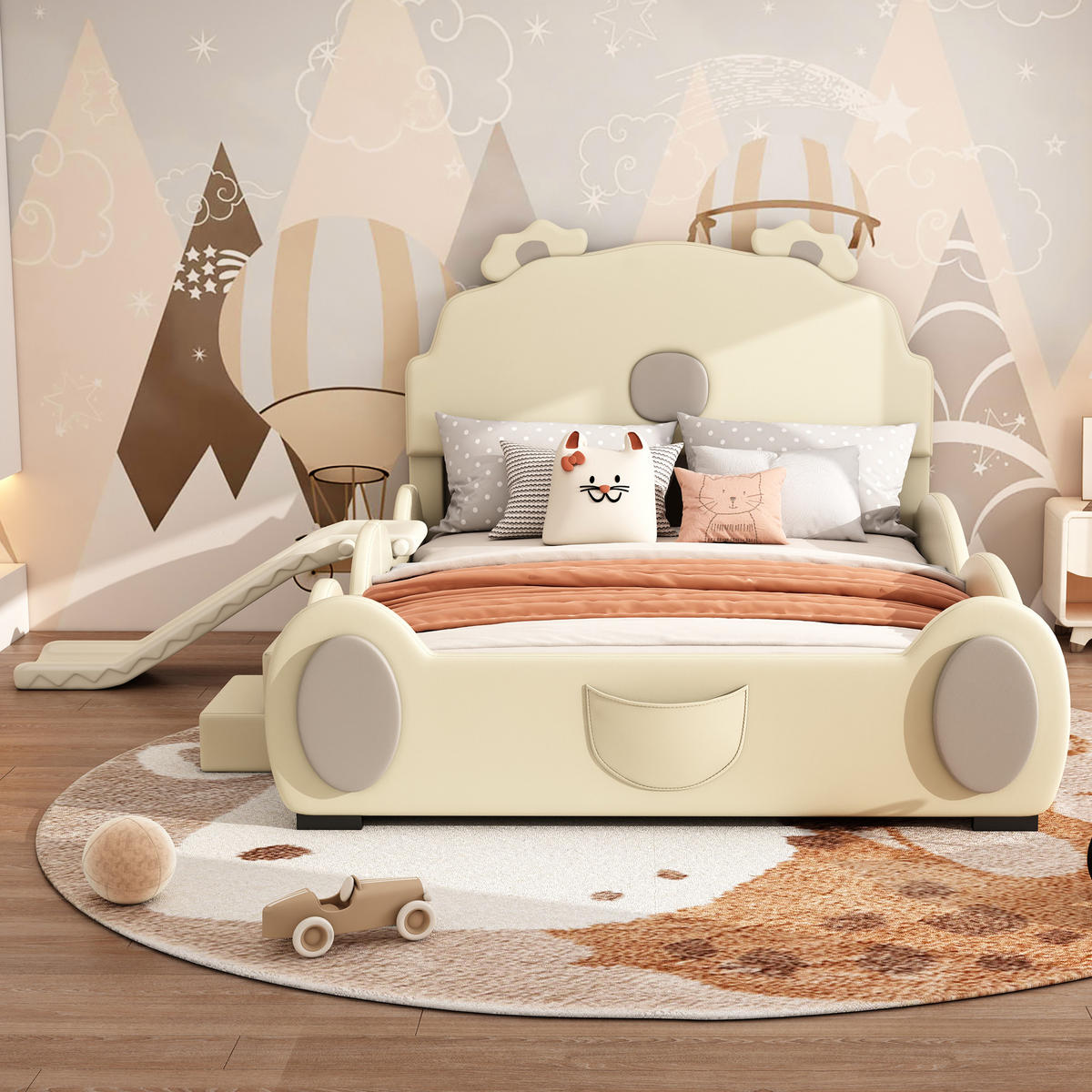 KINDERBETT 140x200cm Beige Cartoon Bärenbett mit Rutsche und Leiter - Beige, Holz (140/200cm) - FLIEKS