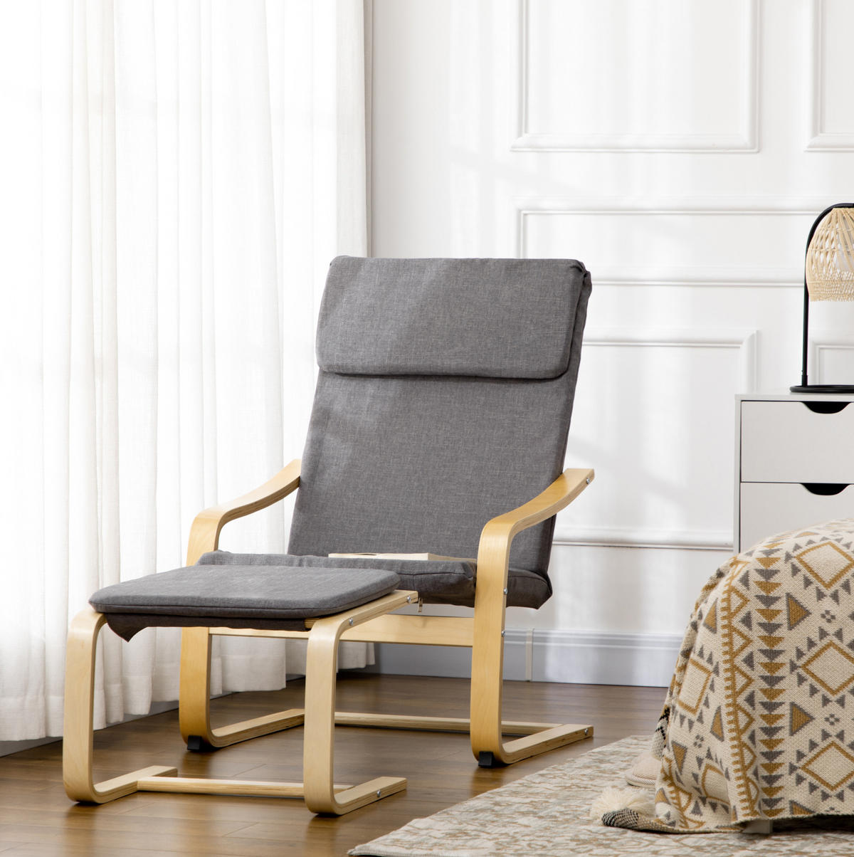 RELAXSESSELSET mit Hocker 66,5/80/99 cm in Grau mit Leinenoptik und Holzgestell - Grau, Textil (80/99/66.5cm) - Flora Grace