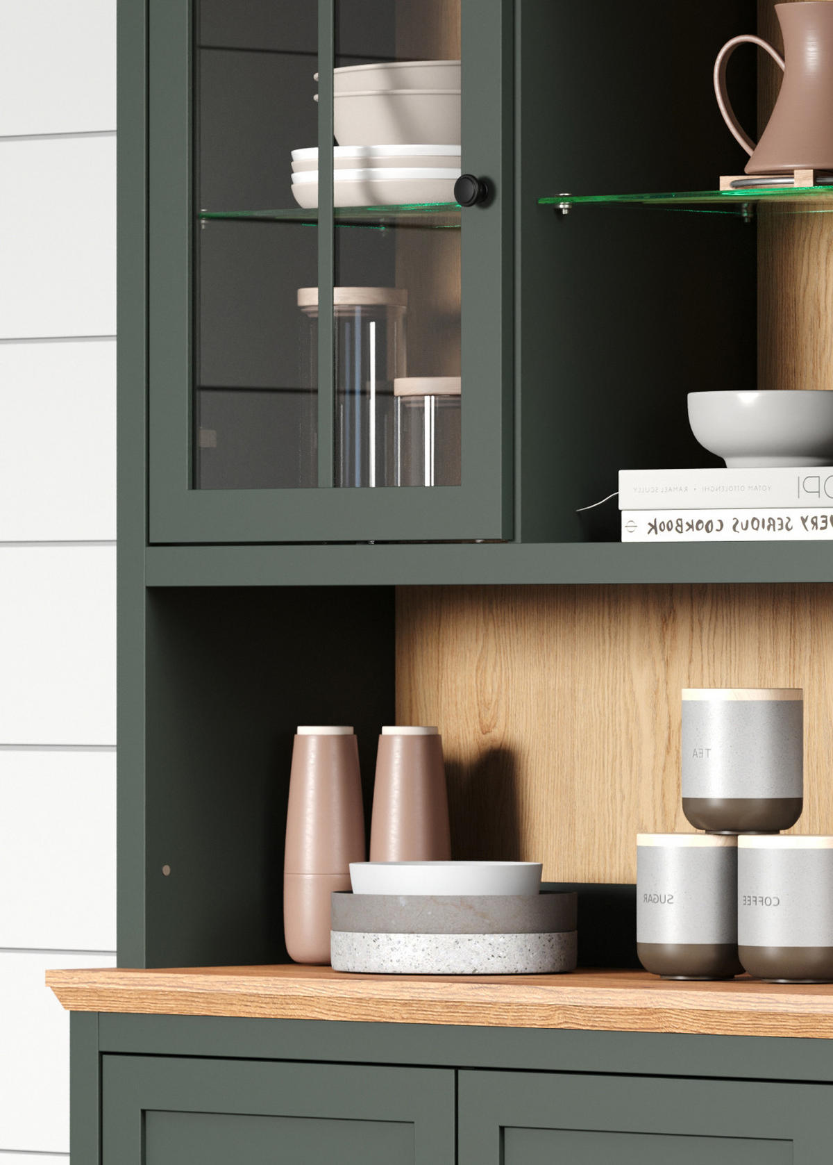 BUFFETSCHRANK grün, Evoke Eiche Landhaus 146 x 198 cm, Vitrine inklusive LED - Eichefarben/Schwarz, Glas/Holzwerkstoff (45/198/146cm) - Top.Furn