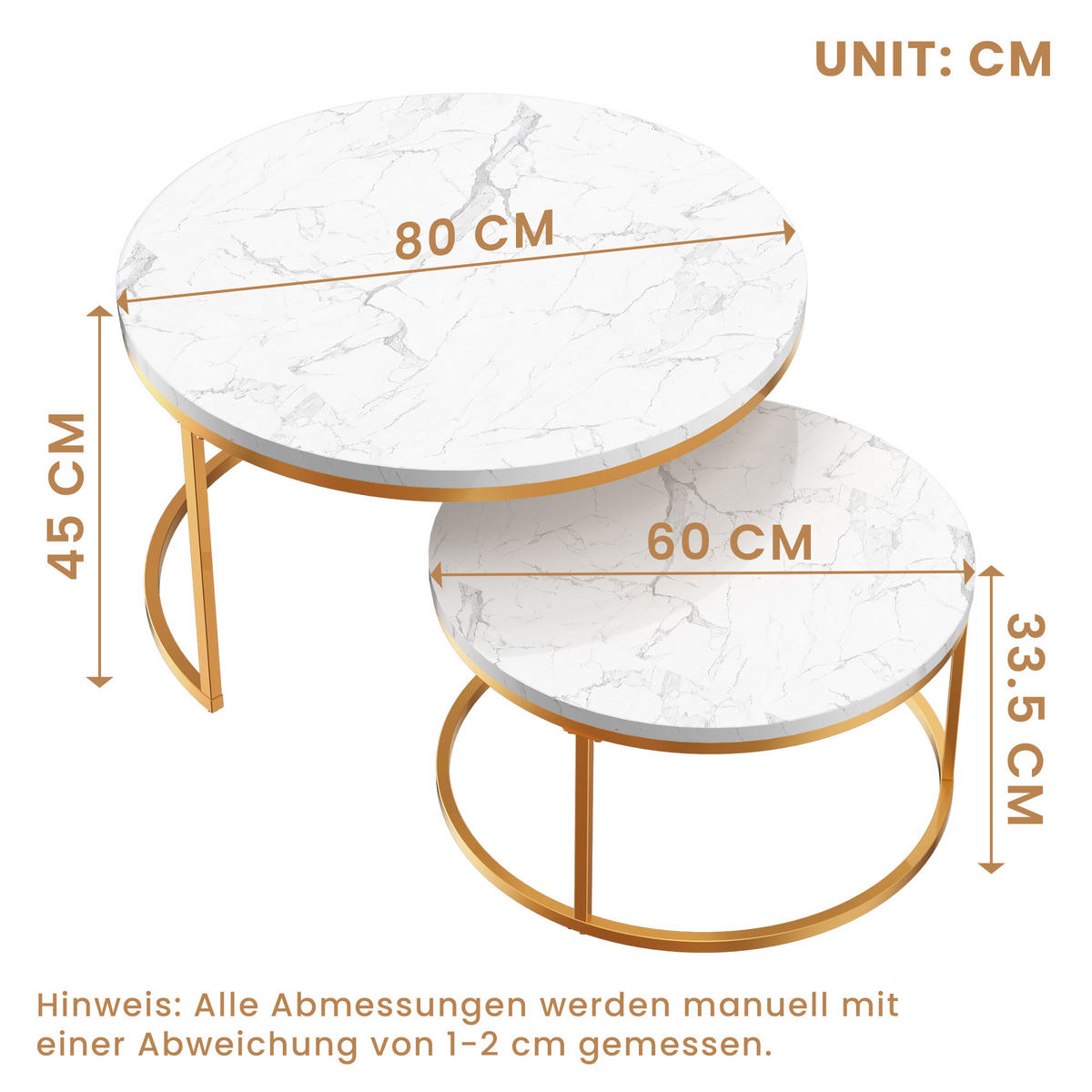 COUCHTISCH 2-teilig mit stabilem Eisenrahmen & leicht zu reinigende MDF-Tischplatte - Weiß, Holzwerkstoff (80/80/45cm) - OKWISH