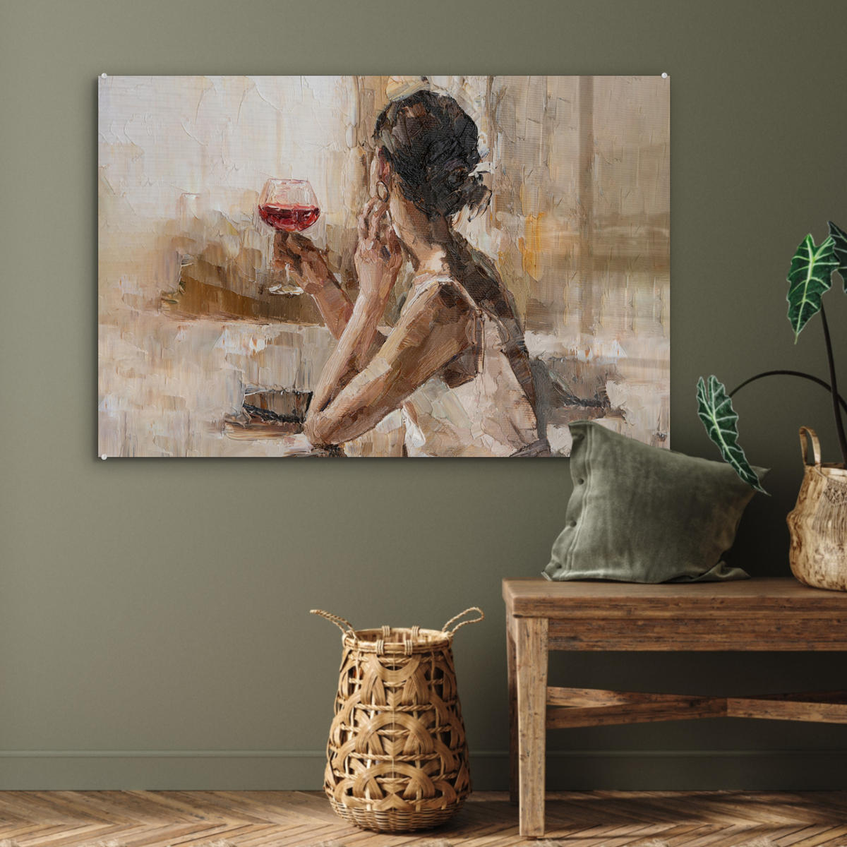 ACRYLGLASBILD Ölgemälde - Frau - Wein 120x80 cm - Hellbraun, Glas (120/80cm) - MuchoWow