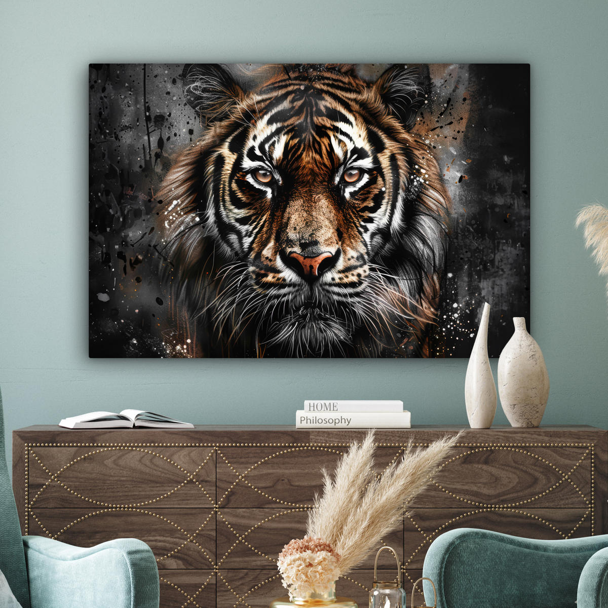 LEINWANDBILD Tiger - Tiere - Porträt - Luxus - Schwarz Groß 140x90 cm - Anthrazit, Textil (140/90cm) - MuchoWow