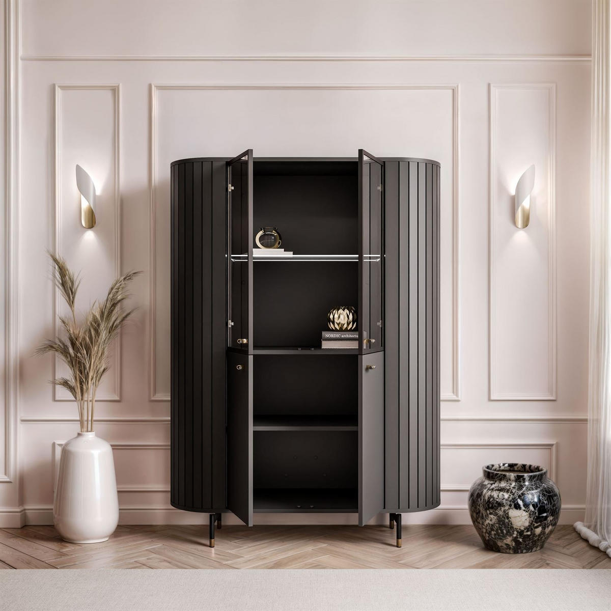 VITRINE ELODIE mit LED-Beleuchtung Schwarz - Schwarz, Holzwerkstoff (112/155/40cm) - Lookway