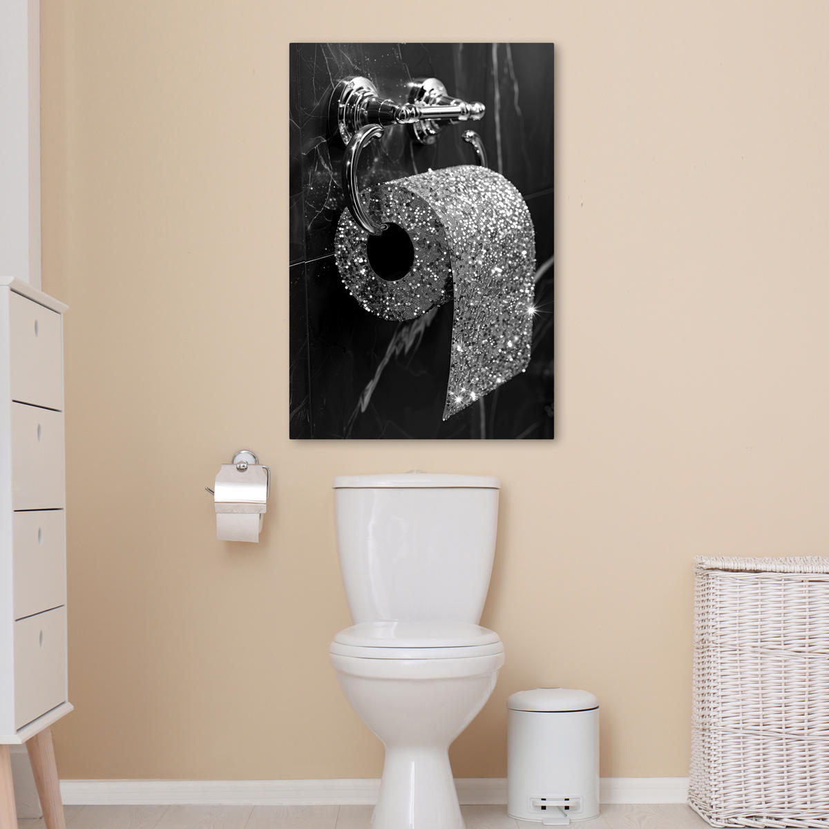 LEINWANDBILD WC - Toilettenpapier - Schwarz und weiß - Glitter 60x90 cm - Silberfarben, Textil (60/90cm) - MuchoWow