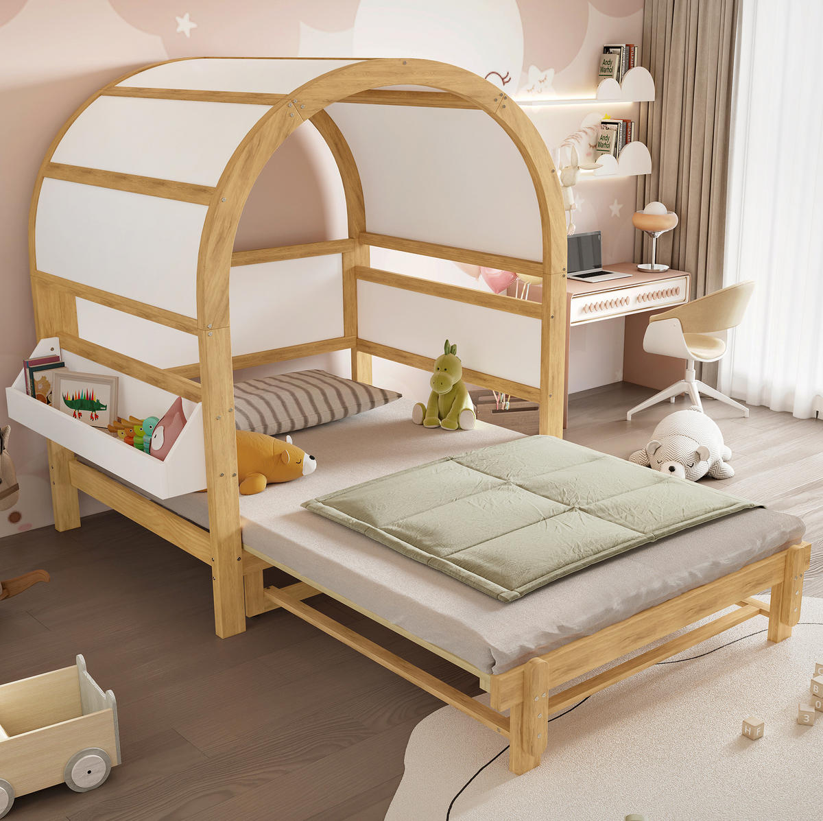 KINDERBETT aus Kiefernholz und MDF 140x200 cm Weiß/Natur mit Ausziehbett und Ablagefläche - Weiß, Holzwerkstoff (140/200cm) - IVMEU