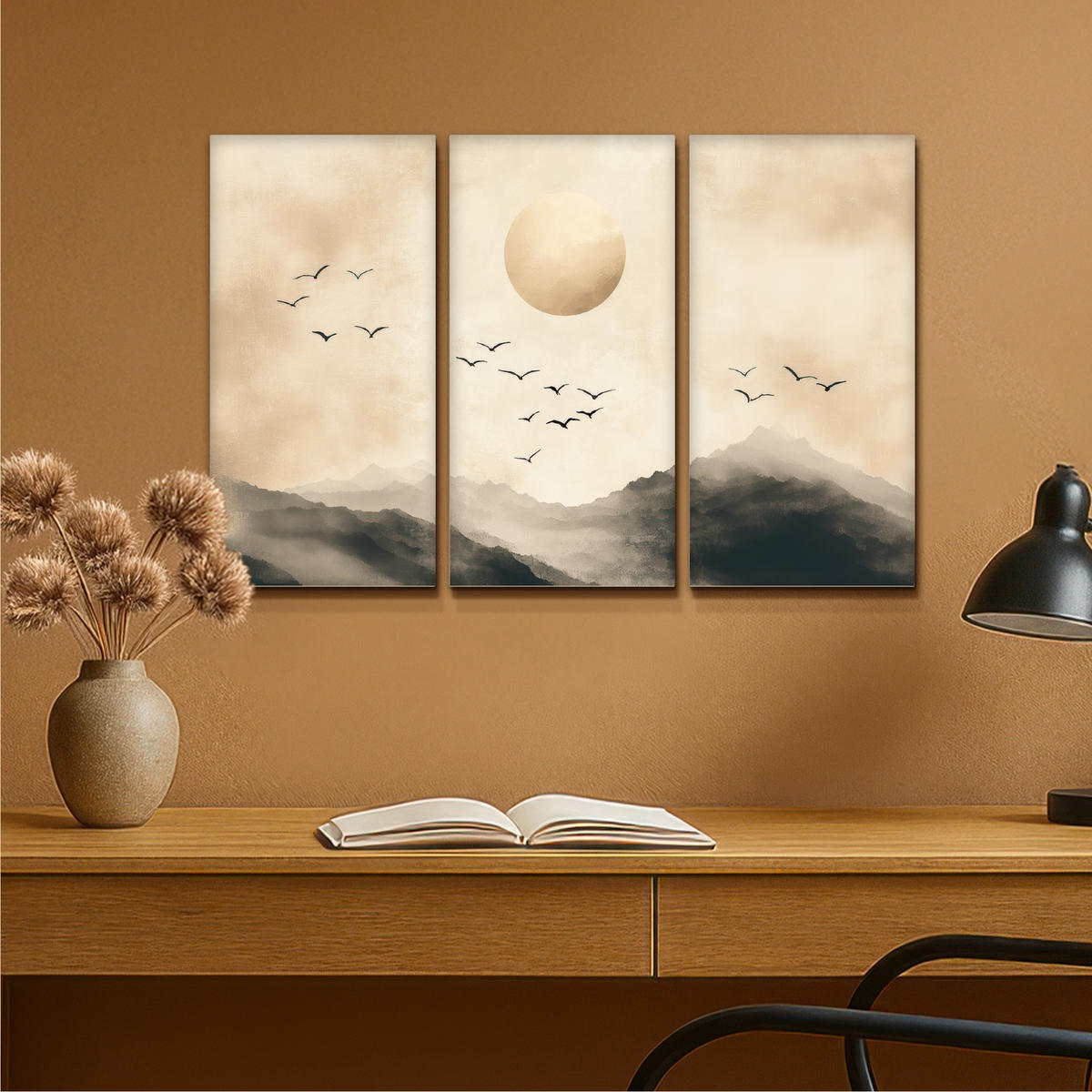 LEINWANDBILD 3er Set Landschaft - Japandi - Beige - Vögel 90x60 cm - Beige, Textil (90/60cm) - MuchoWow