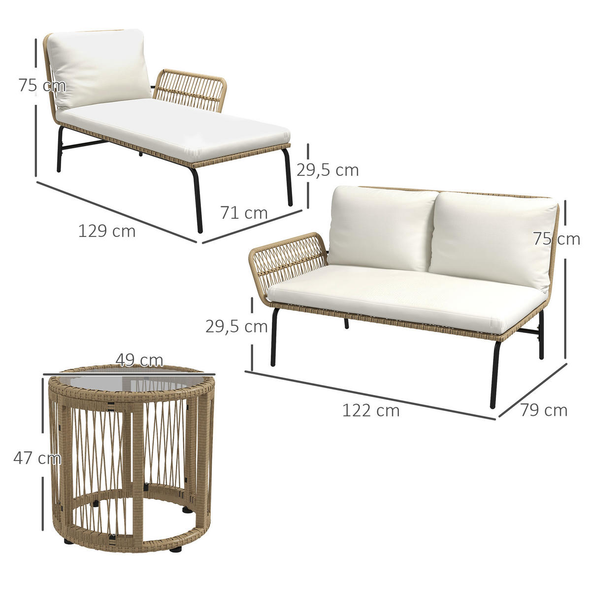 GARTENMÖBEL-SET 3-teilig mit Sonnenliege, Zweisitzer, Glastisch und Polstern, Cremeweiß - Weiß, Metall - Redom