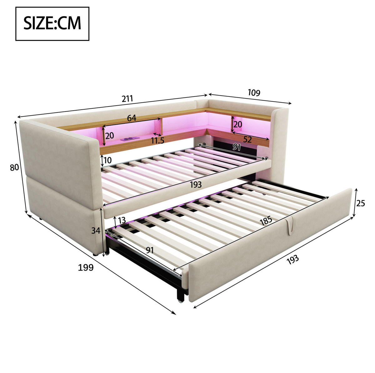 SCHLAFSOFA 90/190 cm mit LED-Beleuchtung, Steckdose, Ablagefächern und Flanellbezug, Beige - Beige, Textil (199/80/211cm) - Redom