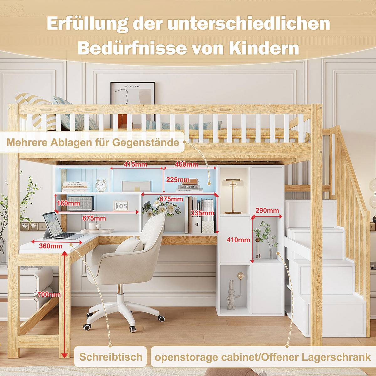 HOCHBETT 140x200cm Weiß + Natur LED-Licht Ablageleiter Schreibtisch - Multicolor, Holz (140/200cm) - FLIEKS