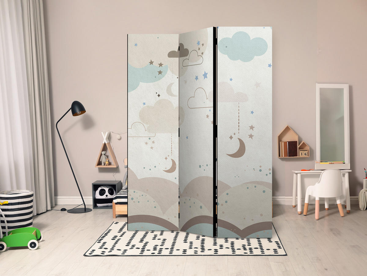 PARAVENT Akustik 3-tlg 135x172 cm Wolken Sterne f r Kinder - Beige, Holz/Textil (135/172/3cm) - Muralo