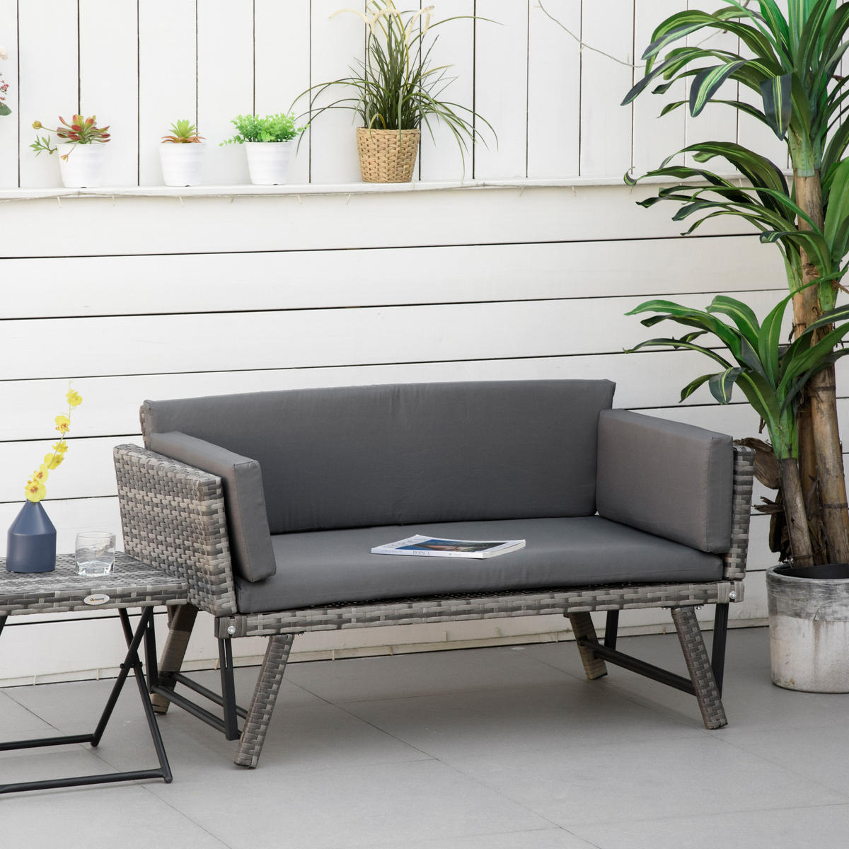 POLYRATTAN Gartensofa, Stahl, Grau - Grau, Metall (63/67/129cm) - Outsunny