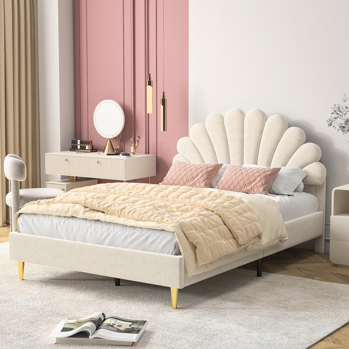 POLSTERBETT 140x200cm Doppelbett in Blütenform höhenverstellbar – Samt Beige - Beige, Textil (140/200cm) - DELFA