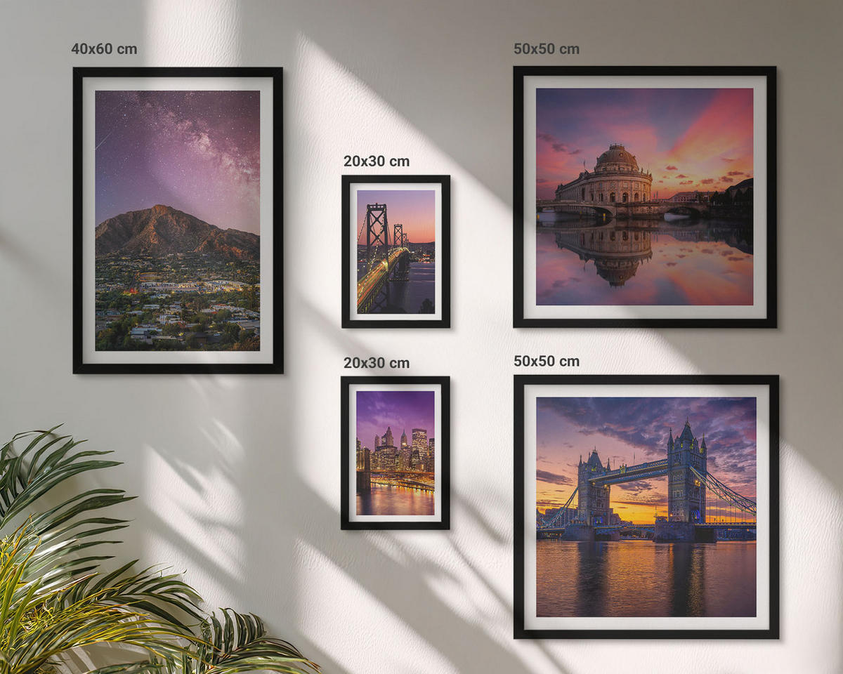 BILDER SET 5er Set - 50x50 cm & 20x30 cm & 40x60 cm Schwarzer Rahmen - Brücken, Sonne, Stadtblick - Schwarz, Kunststoff (40/60cm) - TULUP