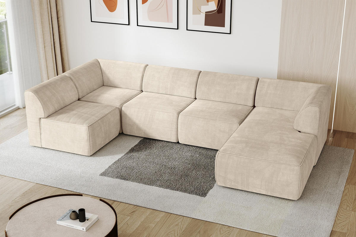 WOHNLANDSCHAFT Ottomane Rechts MOVA 345x180x78 Beige Cord - Kaschmir/Beige, Holzwerkstoff/Kunststoff (345/78/180cm) - ALTDECOR