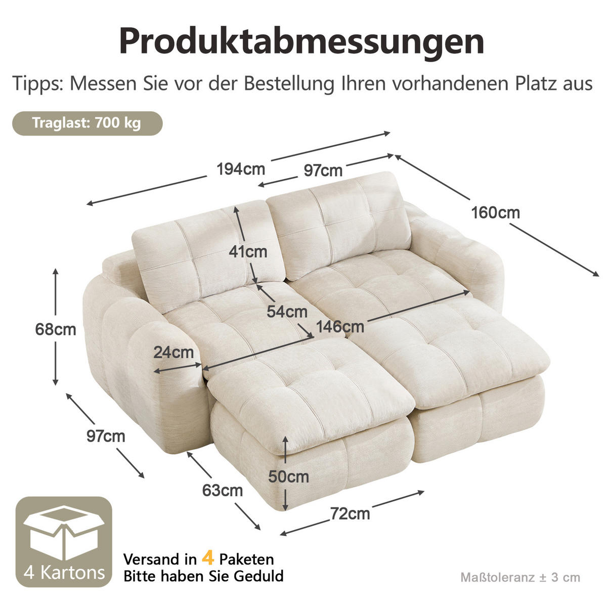 SOFA 194/160/68 cm in Beige aus Chenille mit flexibler Kombination - Beige, Textil (160/68/194cm) - Flora Grace