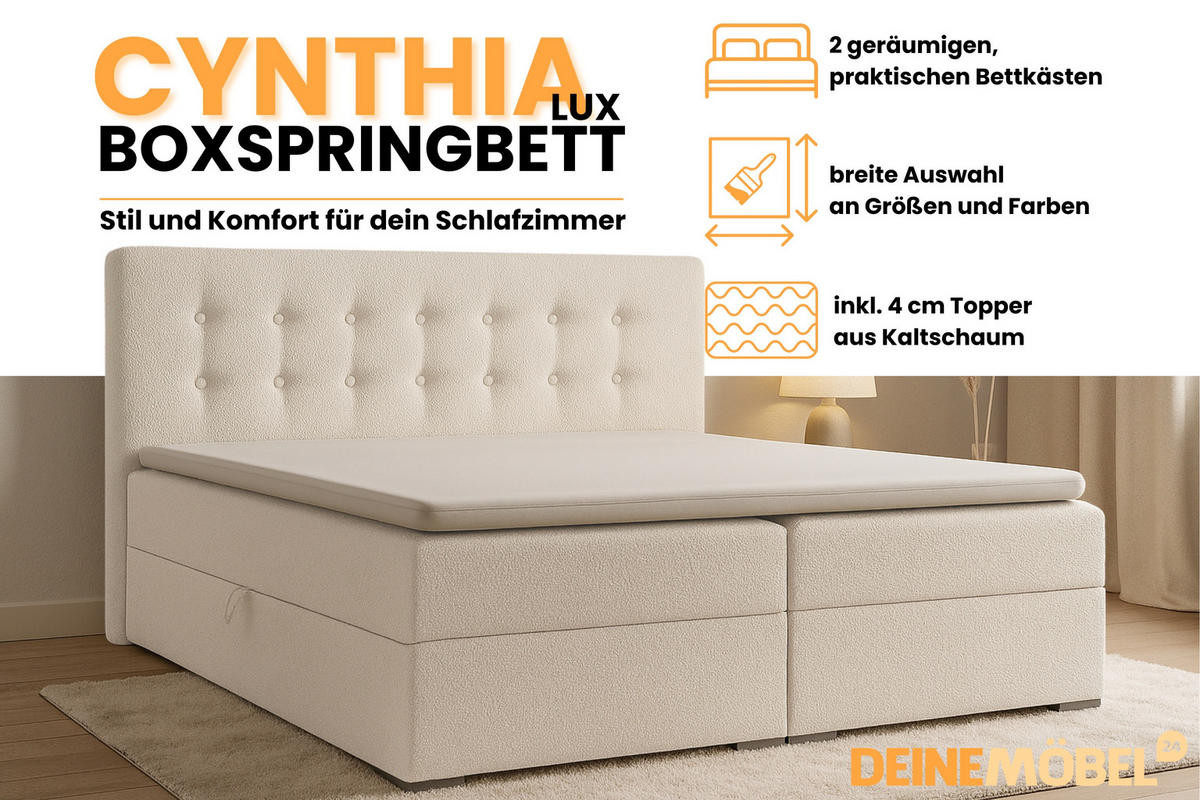 BOXBETT CYNTHIA LUX 160/200 in Boucle Ecru H3 - Ecru, Holzwerkstoff (160/200cm) - Deine Möbel 24