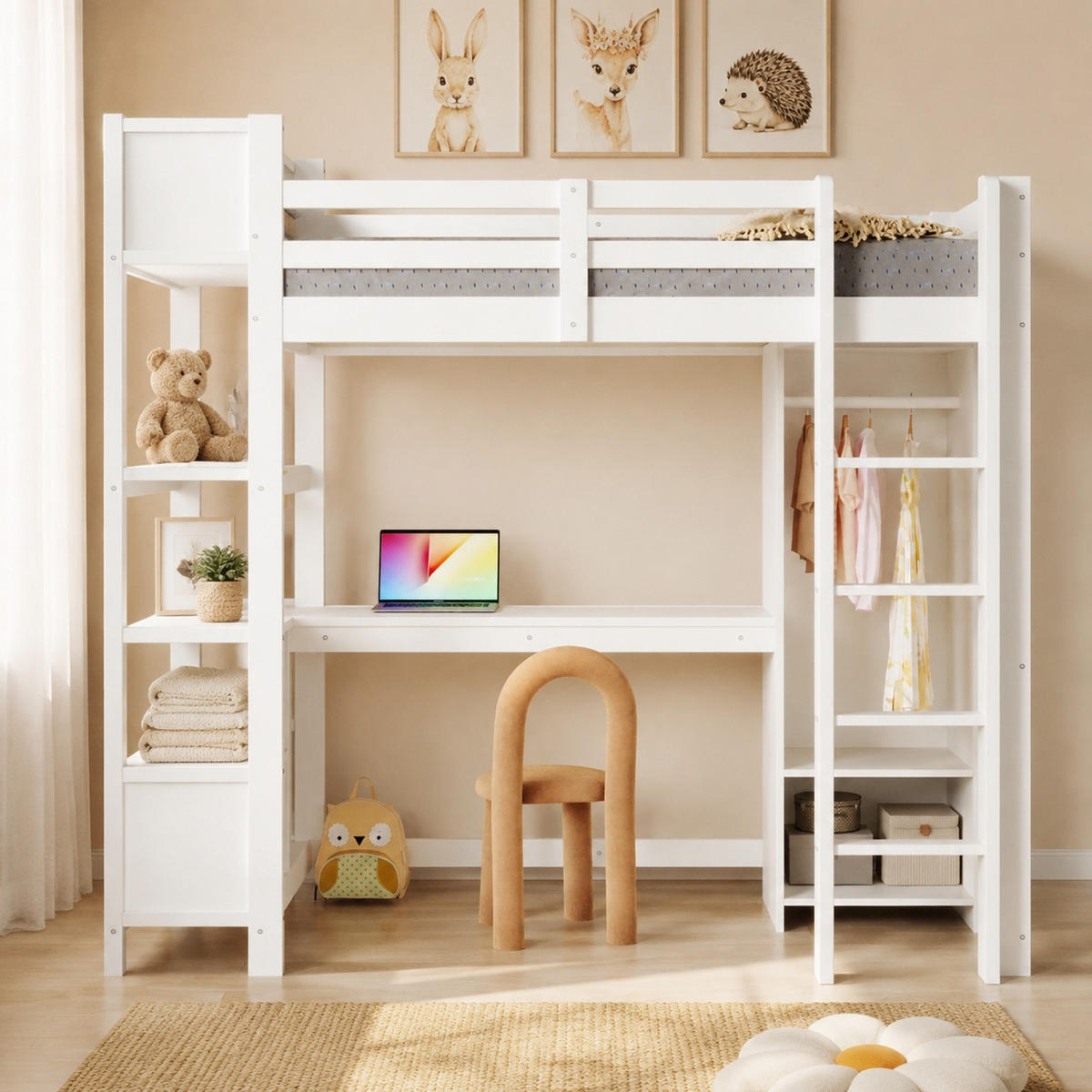 HOCHBETT 90/200 mit Regalen, Schreibtisch und Kleiderschrank in Weiß - Weiß, Holzwerkstoff (90/200cm) - EVRYAE