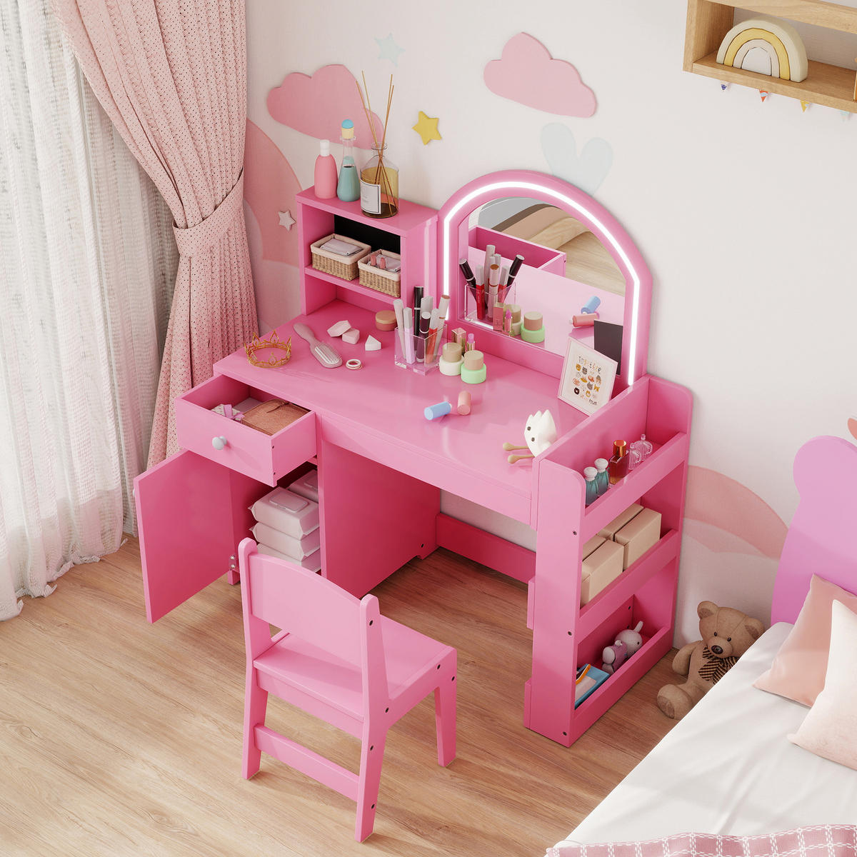 KINDERSCHMINKTISCH DE-18635 LED-Spiegel mit 2 Lichtfarben Rosa - Pink, Holzwerkstoff (38.8/96.9/88.6cm) - ComfortXL