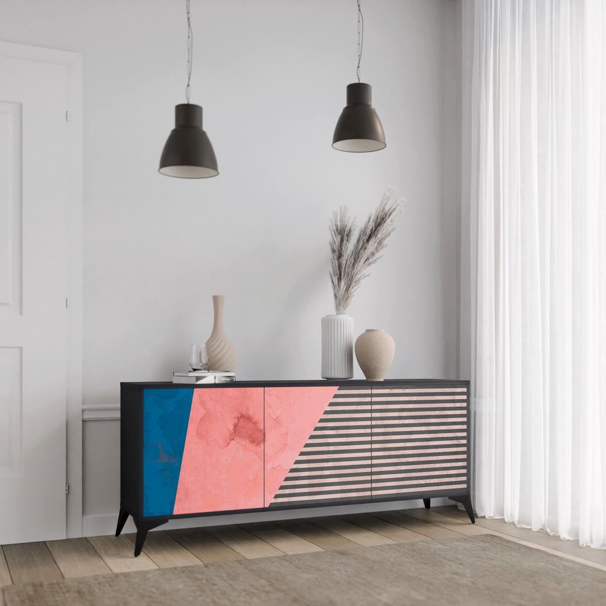 SIDEBOARD GLAMOROUS STRIPE, Eicheneffekt, 164,5x42x77,5 cm, 3 Türen - Eichefarben/Buchefarben, Holzwerkstoff/Buchenholz (164.5/77.5/42cm) - SpaceRebels