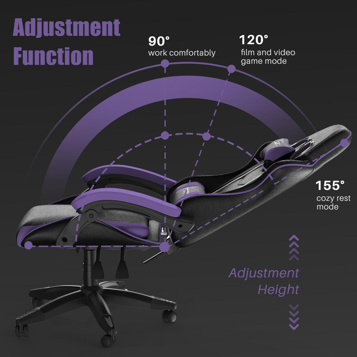 GAMING-STUHL ergonomisch, verstellbare Rückenlehne, Kissen – Schwarz/Lila - Lila, Leder (59/120/56cm) - Rattantree
