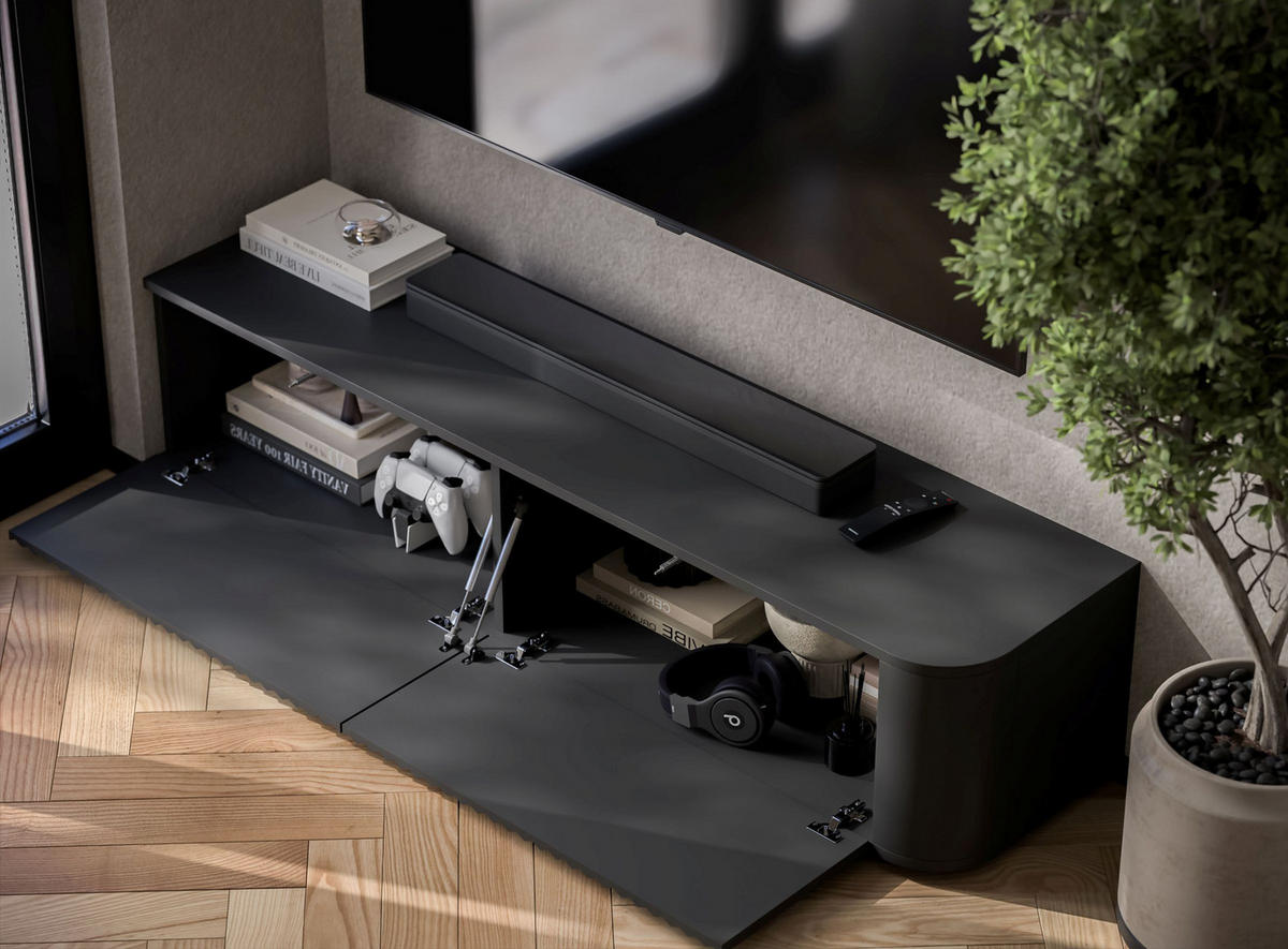 TV stolek Aurora černý matný 140 cm s nízkými nožkami - černá, kompozitní dřevo (140/31/35cm) - Meble Lindner
