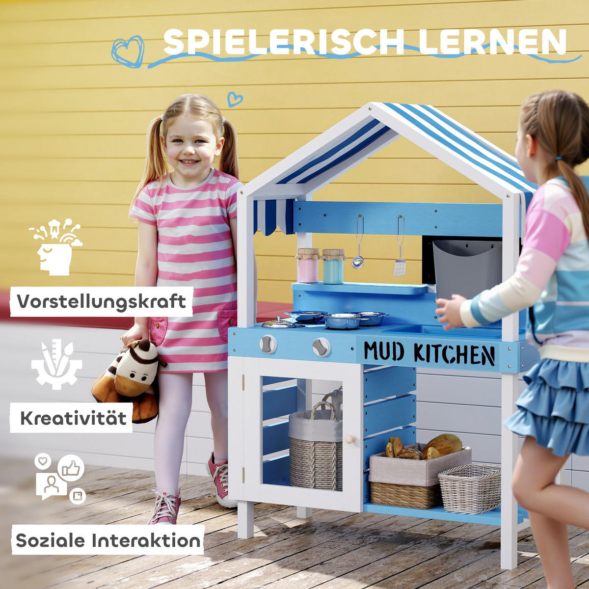 MATSCHKÜCHE Kinder Outdoor Gartenspielküche mit Herd, Spüle, Zubehör Blau - Blau, Holz (80/36.5/112cm) - AIYAPLAY