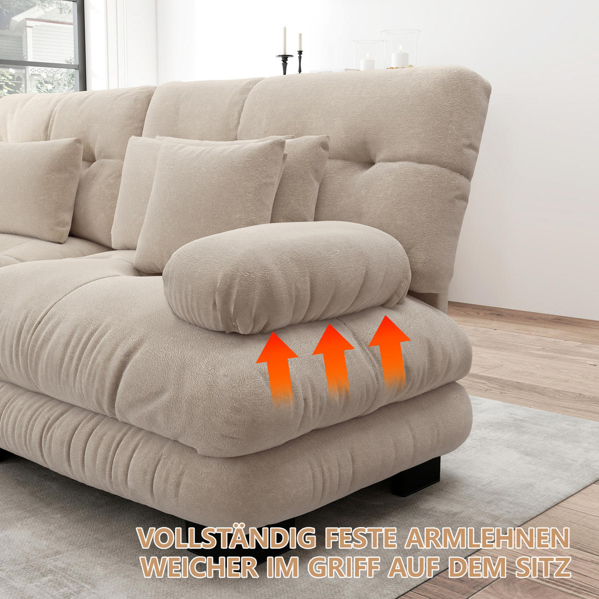 ECKSOFA in Hellbraun aus Chenille mit Ottomane, modular und besonders bequem - Cappuccino, Textil (145/313cm) - Flora Grace