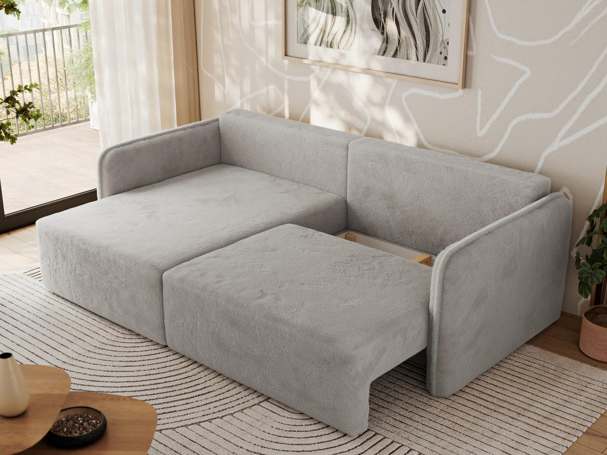 ECKSCHLAFSOFA MESTO L Hellgrau Plüsch - links - Hellgrau/Schwarz, Kunststoff/Textil (227/147cm) - MKS
